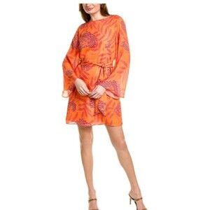 Flora Bea NYC Brayden Floral Coral 100% Silk Long Sleeve Belted Lined Dress Sz L